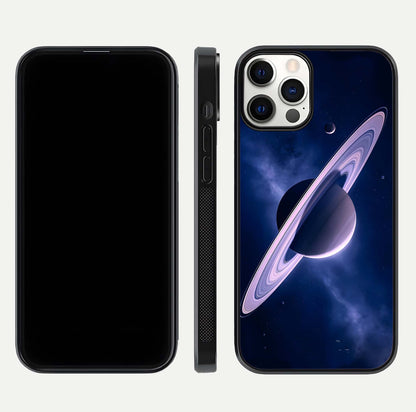 Saturn Ring Mystique Glass Case for iPhone 12 Pro front & back layout showing cosmic tones and edge glow