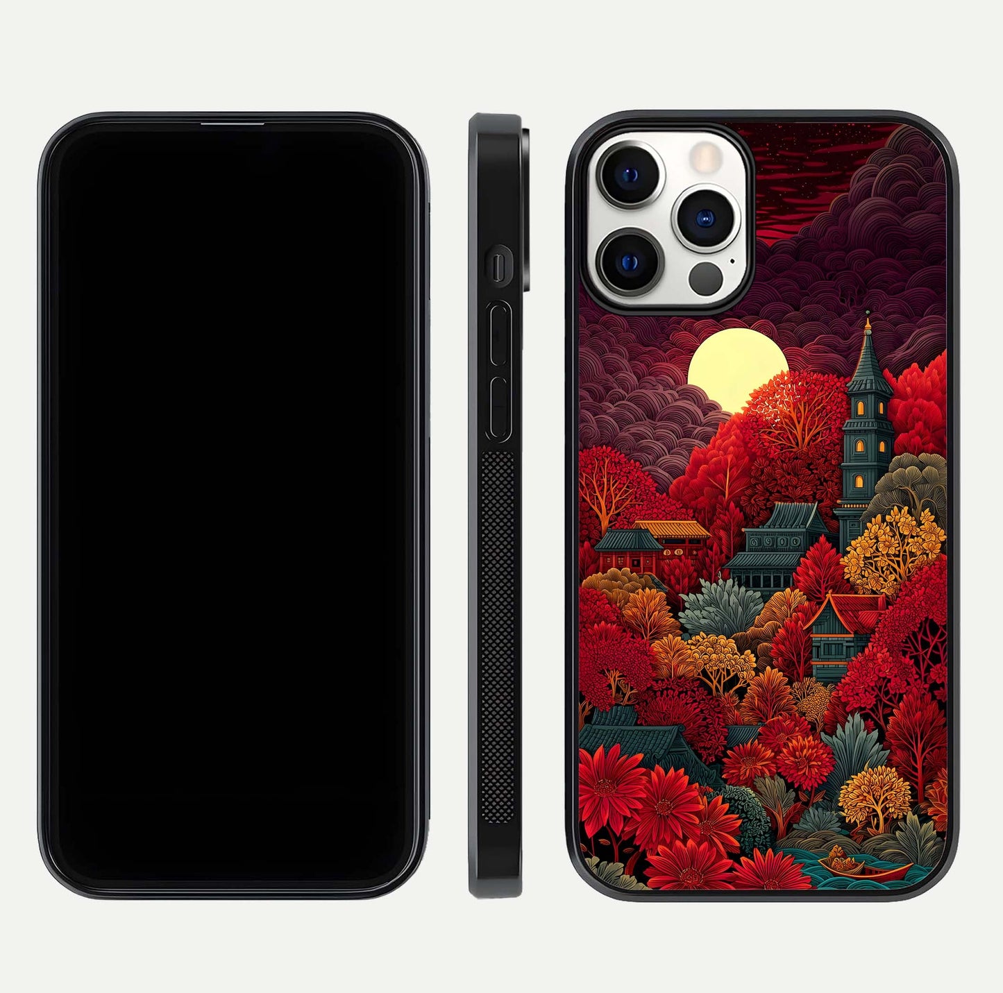 Scarlet Autumn Temple Glass Case for iPhone 12 Pro front & back layout showing scenic tones and curved edges