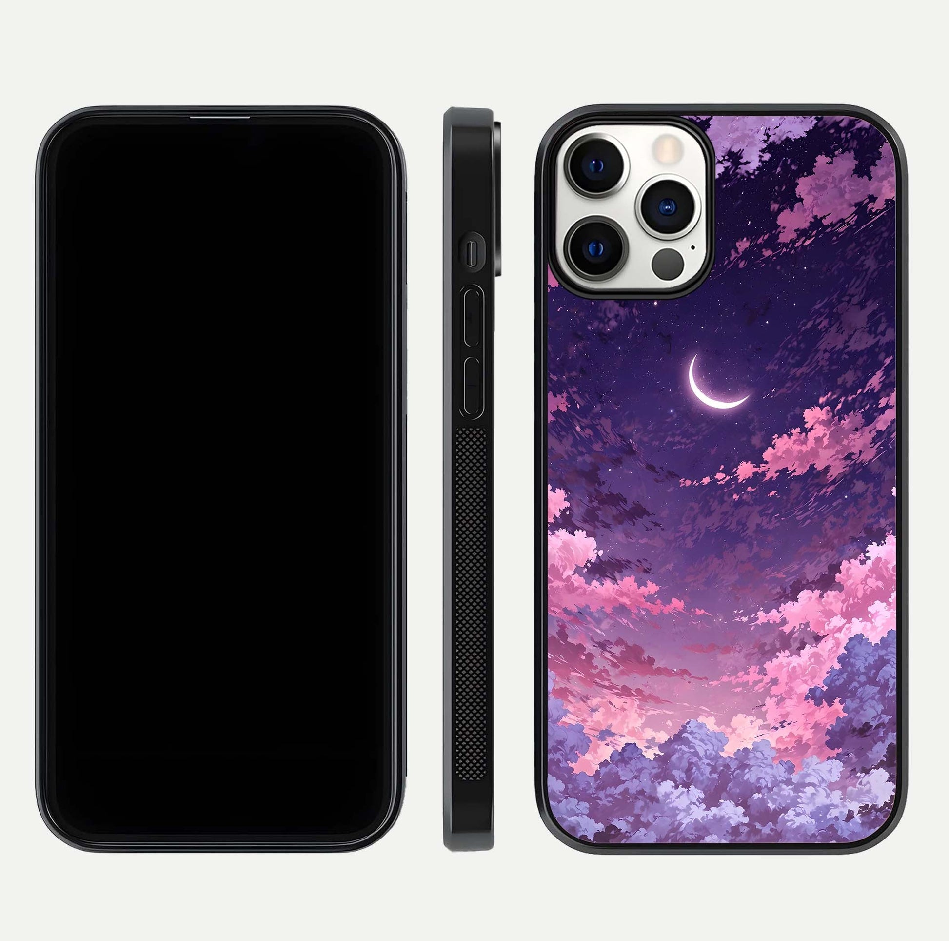 Sky Drift Clouds Glass Case for iPhone 12 Pro front & back layout showing sky tones and smooth edge design