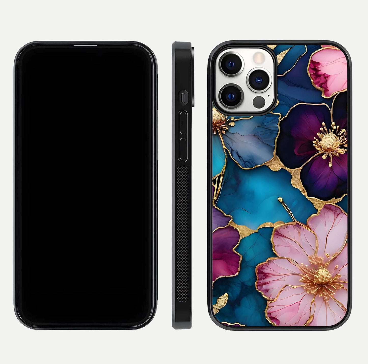 Sparkle Floral Glass Case for iPhone 12 Pro front & back layout showing floral print and edge clarity