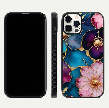 Sparkle Floral Glass Case for iPhone 12 Pro front & back layout showing floral print and edge clarity