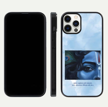 Spiritual Krishna Glass Case for iPhone 16 Pro front & back layout showing spiritual artwork and clean edge