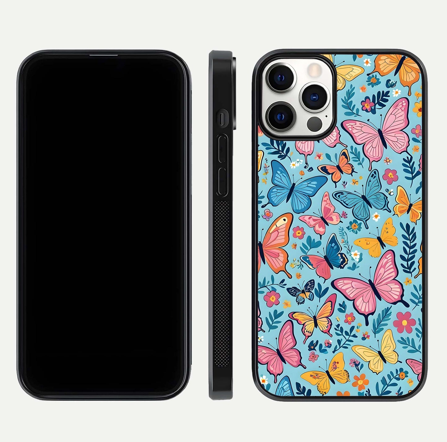 Spring Wing Garden Glass Case for iPhone 12 Pro front & back layout showing soft tones and elegant glass design