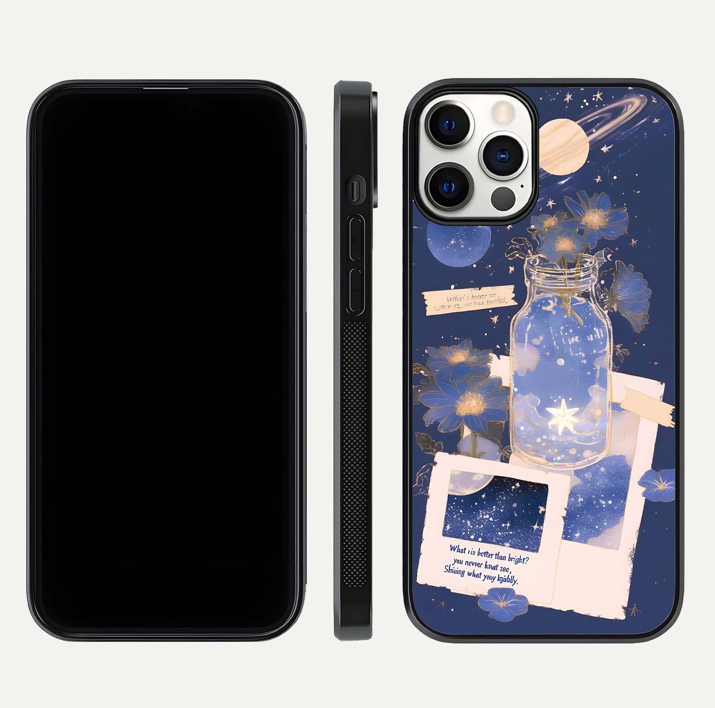 Starlit Cosmic Jar Glass Case for iPhone 12 Pro front & back layout showing cosmic pattern and curved glass edge