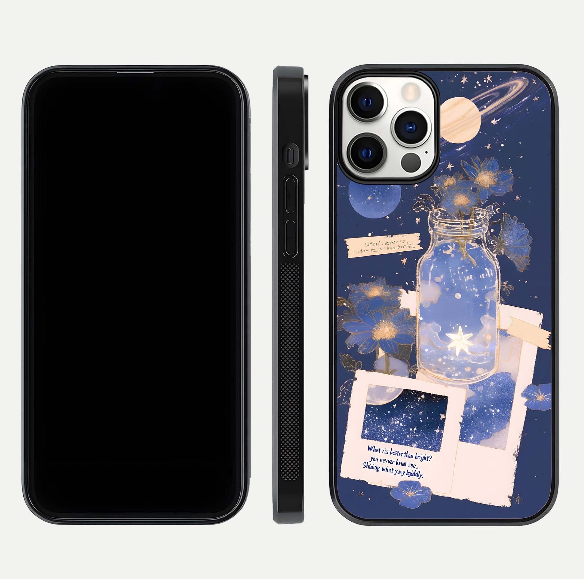 Starlit Cosmic Jar Glass Case for iPhone 12 Pro front & back layout showing cosmic pattern and curved glass edge