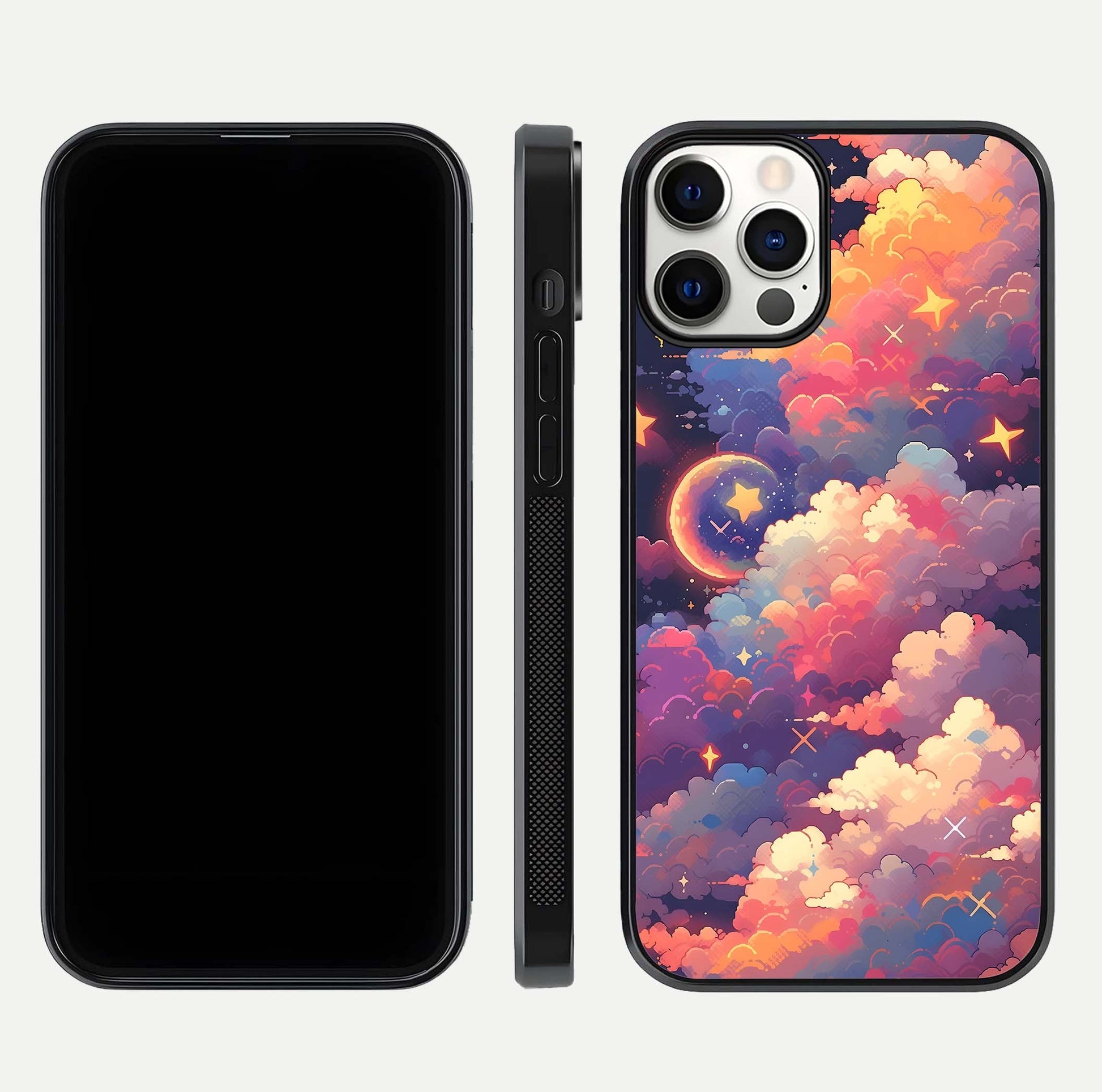 Starlit Dream Clouds Glass Case for iPhone 12 Pro front & back layout showing gradient tones and smooth edge