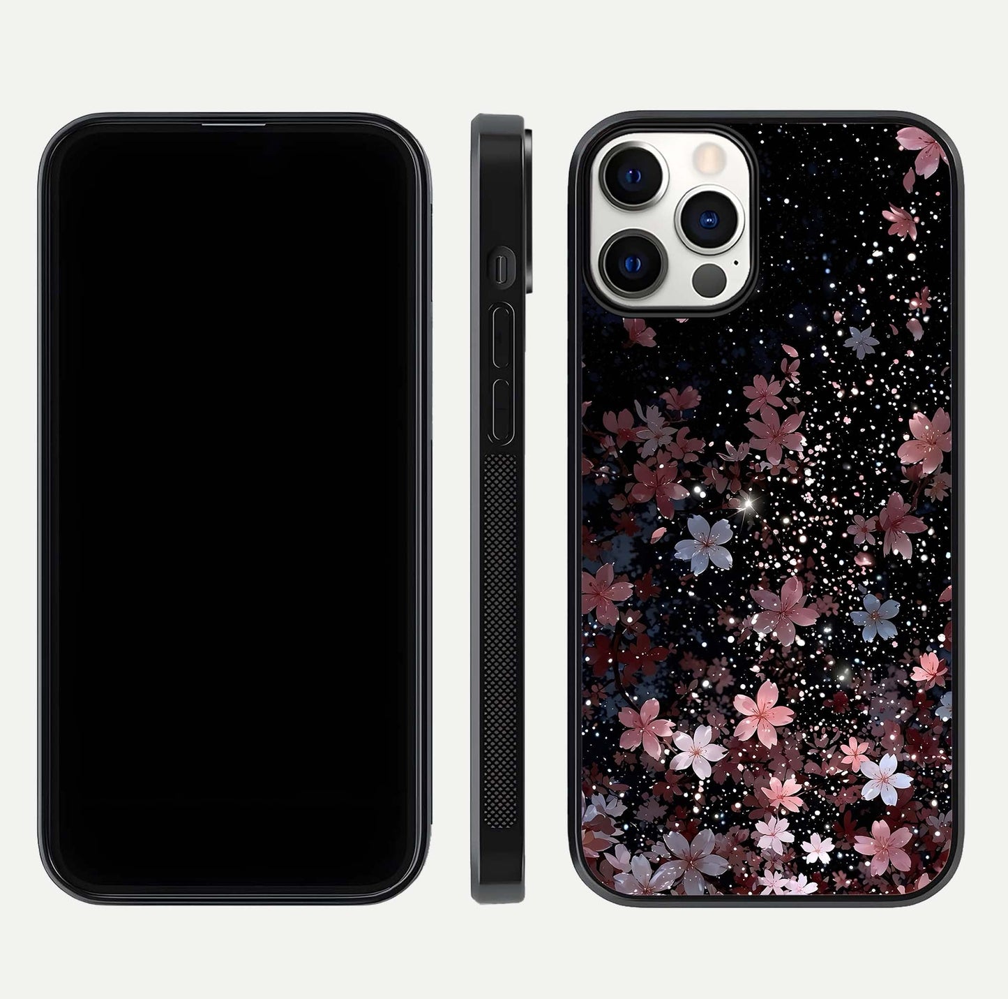 Starlit Flower Dreams Glass Case for iPhone 12 Pro front & back layout showing soft bloom design and curved edge