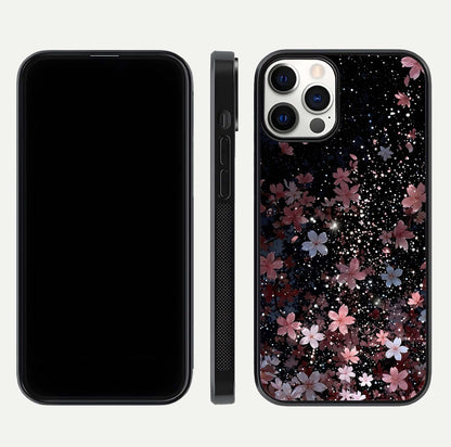 Starlit Flower Dreams Glass Case for iPhone 12 Pro front & back layout showing soft bloom design and curved edge