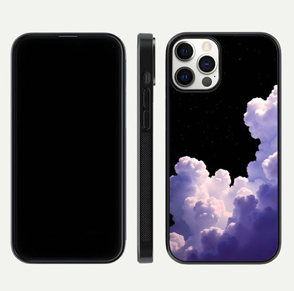 Starlit Night Whispers Glass Case for iPhone 12 Pro front & back layout showing moon tones and curved edges