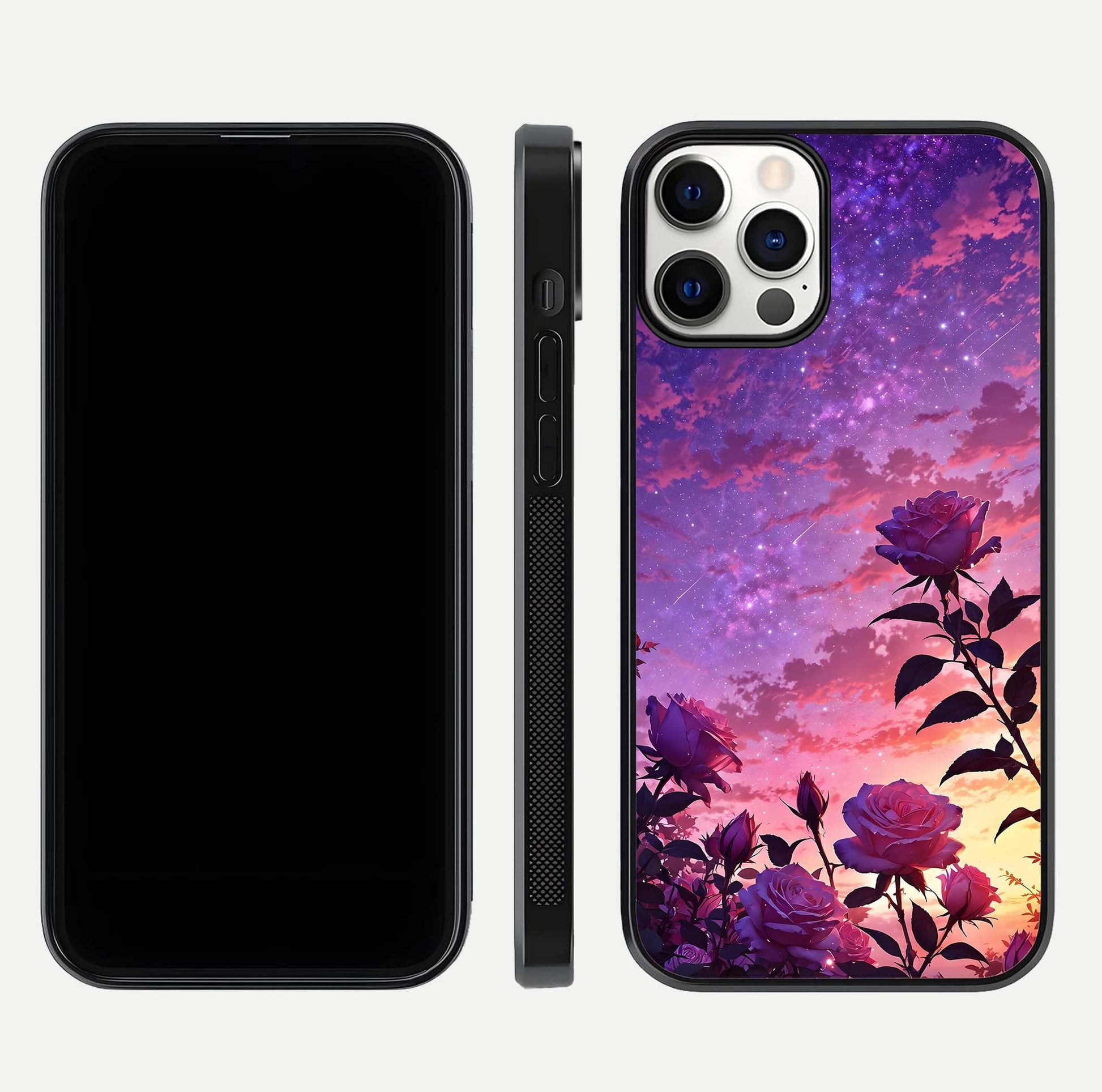 Starlit Rose Twilight Glass Case for iPhone 12 Pro front & back layout showing floral blend and glossy edge