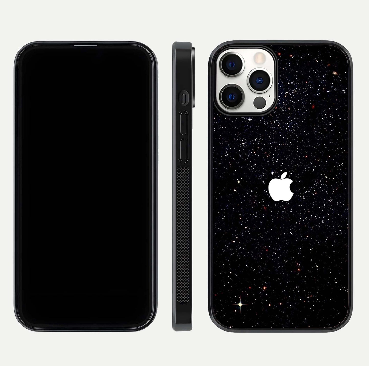 Starry Apple Galaxy Glass Case for iPhone 12 Pro front & back layout showing cosmic tones and sleek edge