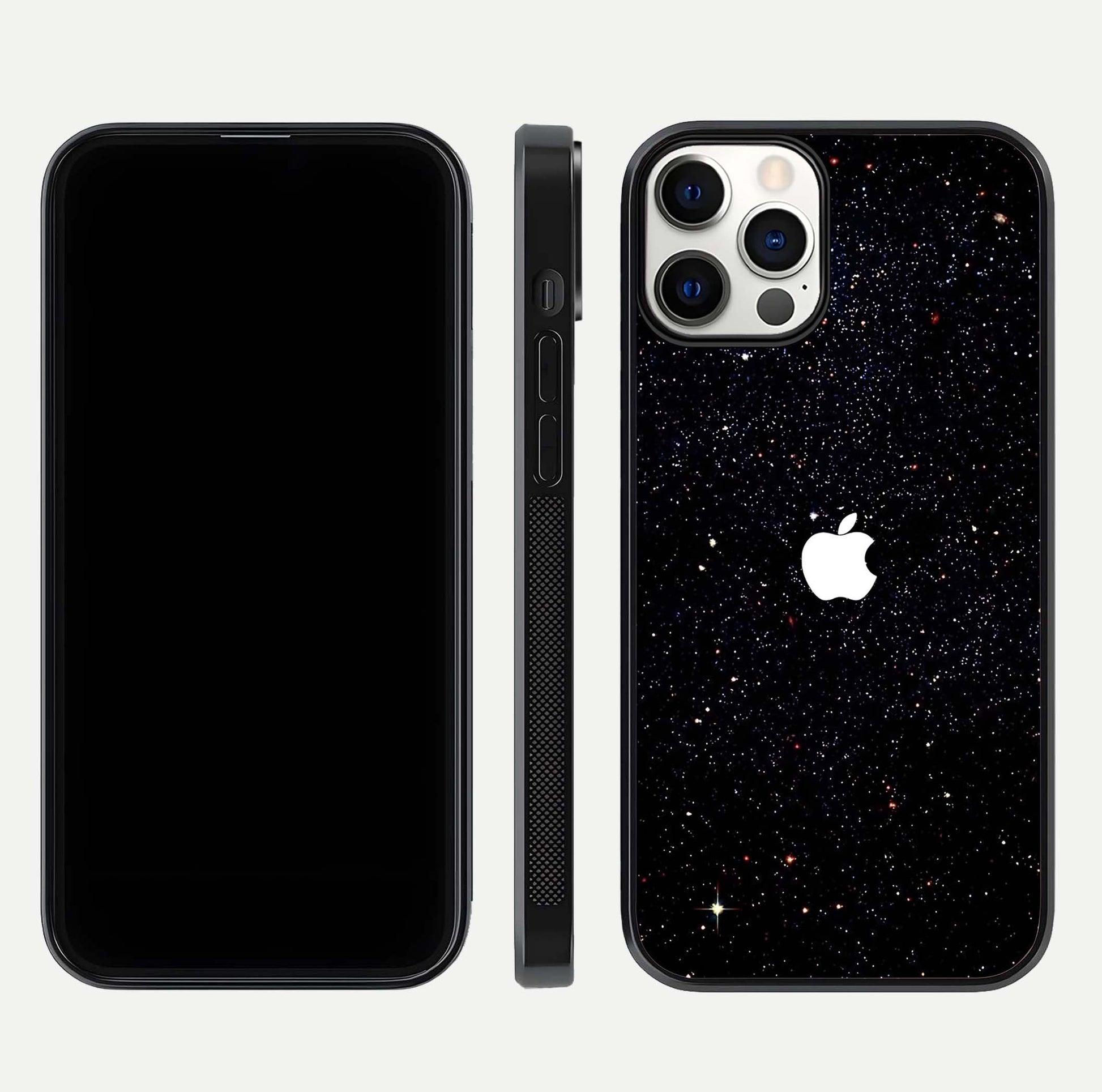Starry Apple Galaxy Glass Case for iPhone 12 Pro front & back layout showing cosmic tones and sleek edge