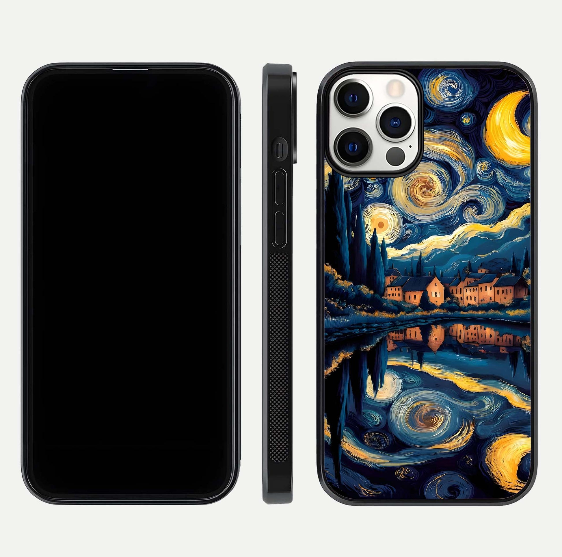 Starry Sky Serenity Glass Case for iPhone 12 Pro front & back layout showing stars and curved glass edges