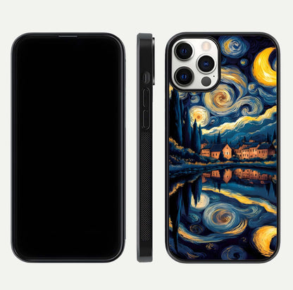 Starry Sky Serenity Glass Case for iPhone 12 Pro front & back layout showing stars and curved glass edges