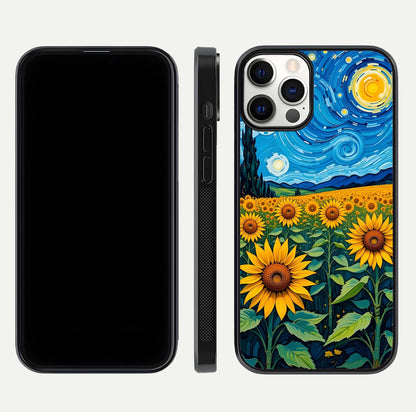 Starry Sunflower Dreams Glass Case for iPhone 12 Pro front & back layout showing floral blend and edge detail
