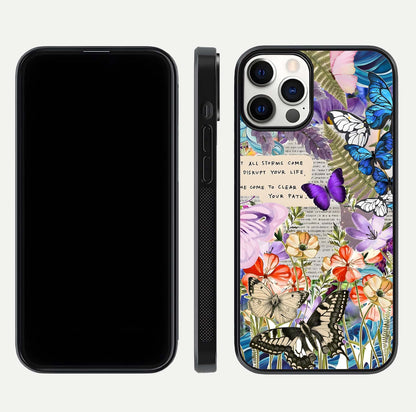 Storm Path Bloom Glass Case for iPhone 12 Pro front & back layout showing moody floral blend and edges