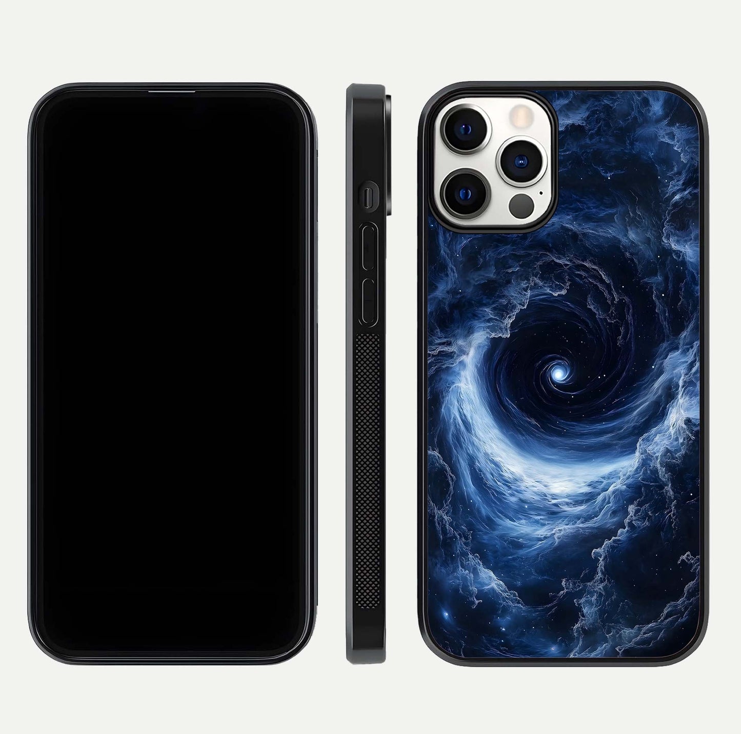 Stunning Galaxy Glass Case for iPhone 12 Pro front & back layout showing deep cosmic hues and clean edges
