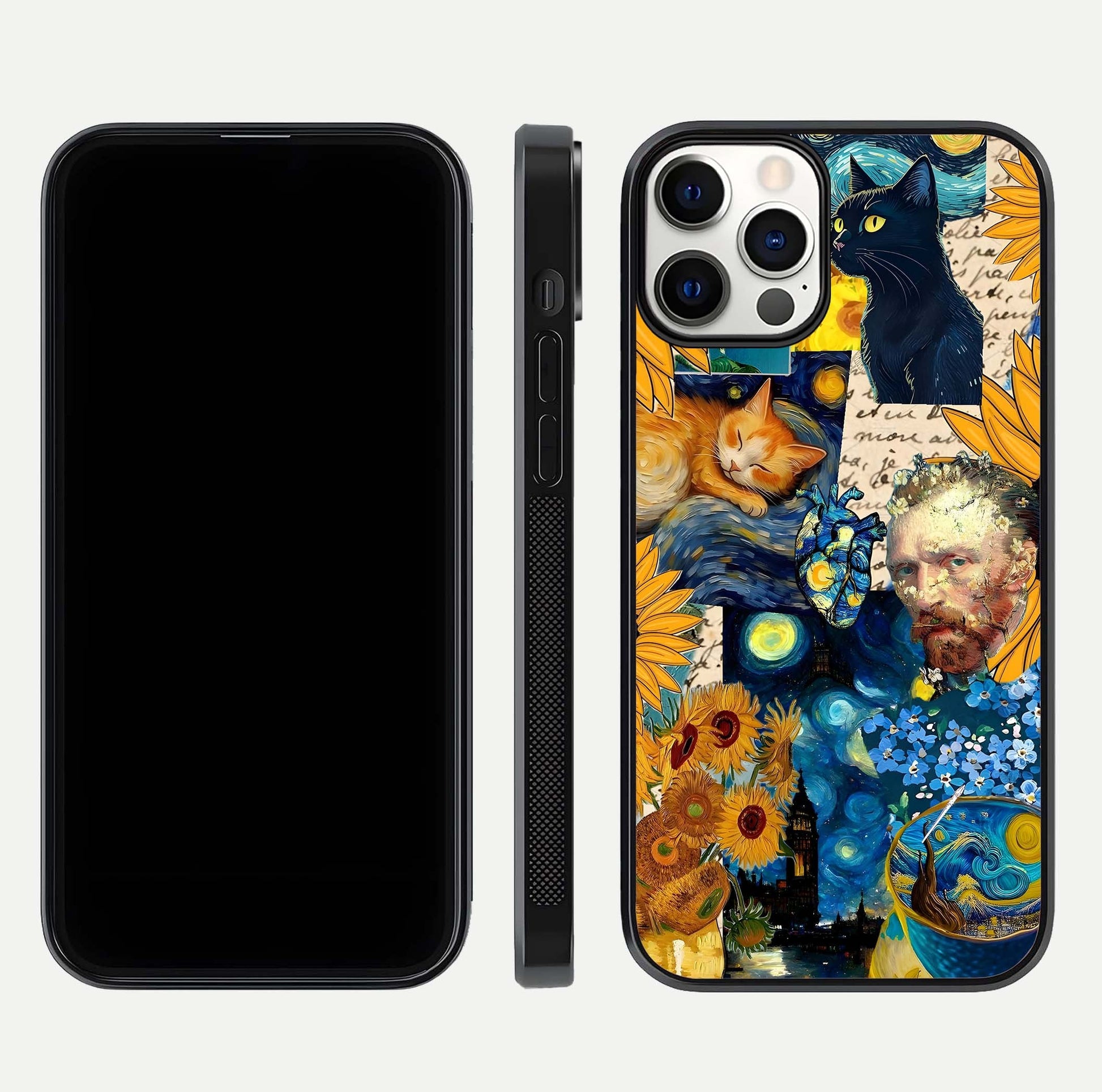 Sunflower Cat Art Glass Case for iPhone 12 Pro front & back layout showing detailed floral cat design and edges