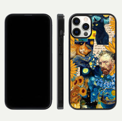 Sunflower Cat Art Glass Case for iPhone 12 Pro front & back layout showing detailed floral cat design and edges
