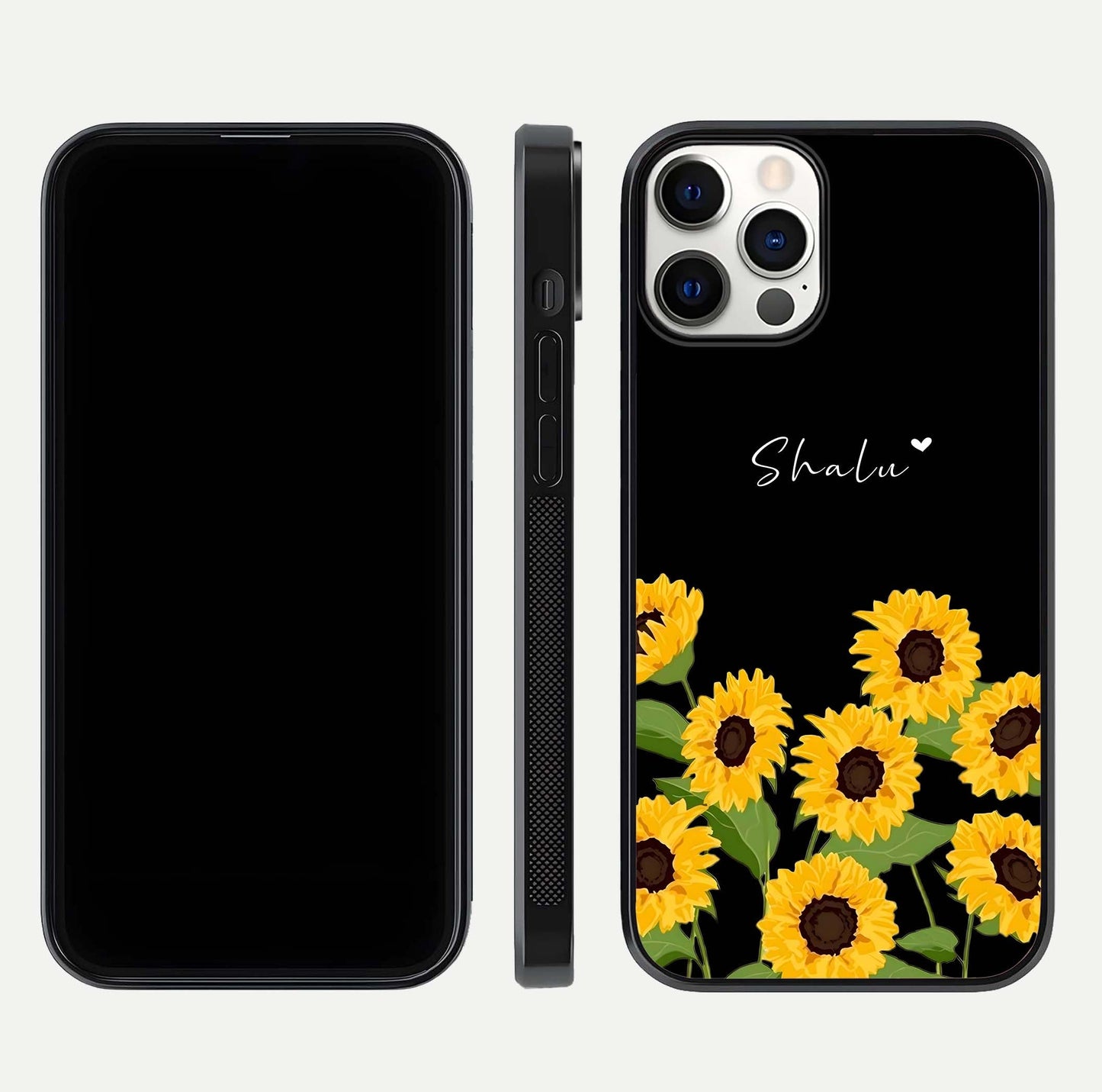Sunflower Chic Mood Custom Name Glass Case for iPhone 16 Pro front & back layout highlighting custom text zone and shine