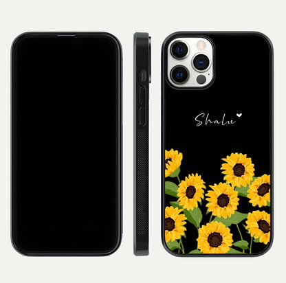 Sunflower Chic Mood Custom Name Glass Case for iPhone 16 Pro front & back layout highlighting custom text zone and shine