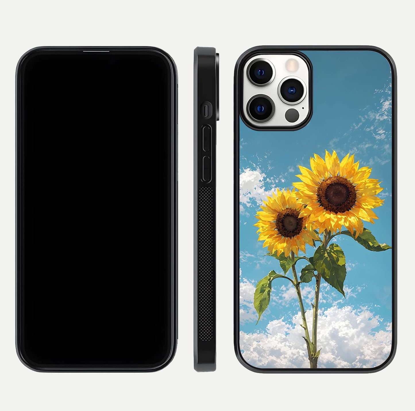 Sunflower Sky Bloom Glass Case for iPhone 12 Pro front & back layout showing soft blue tones and flower contrast