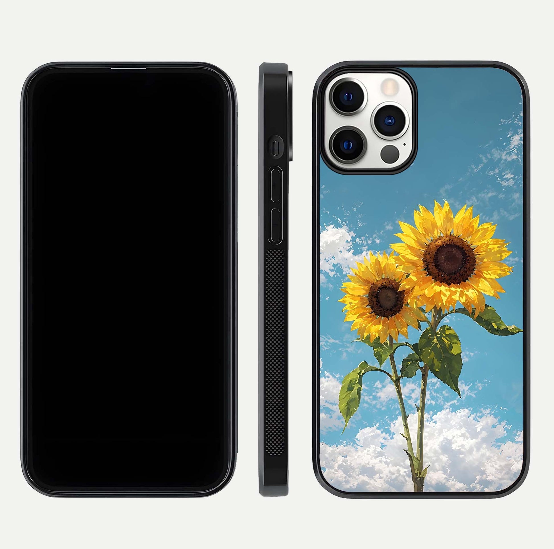Sunflower Sky Bloom Glass Case for iPhone 12 Pro front & back layout showing soft blue tones and flower contrast
