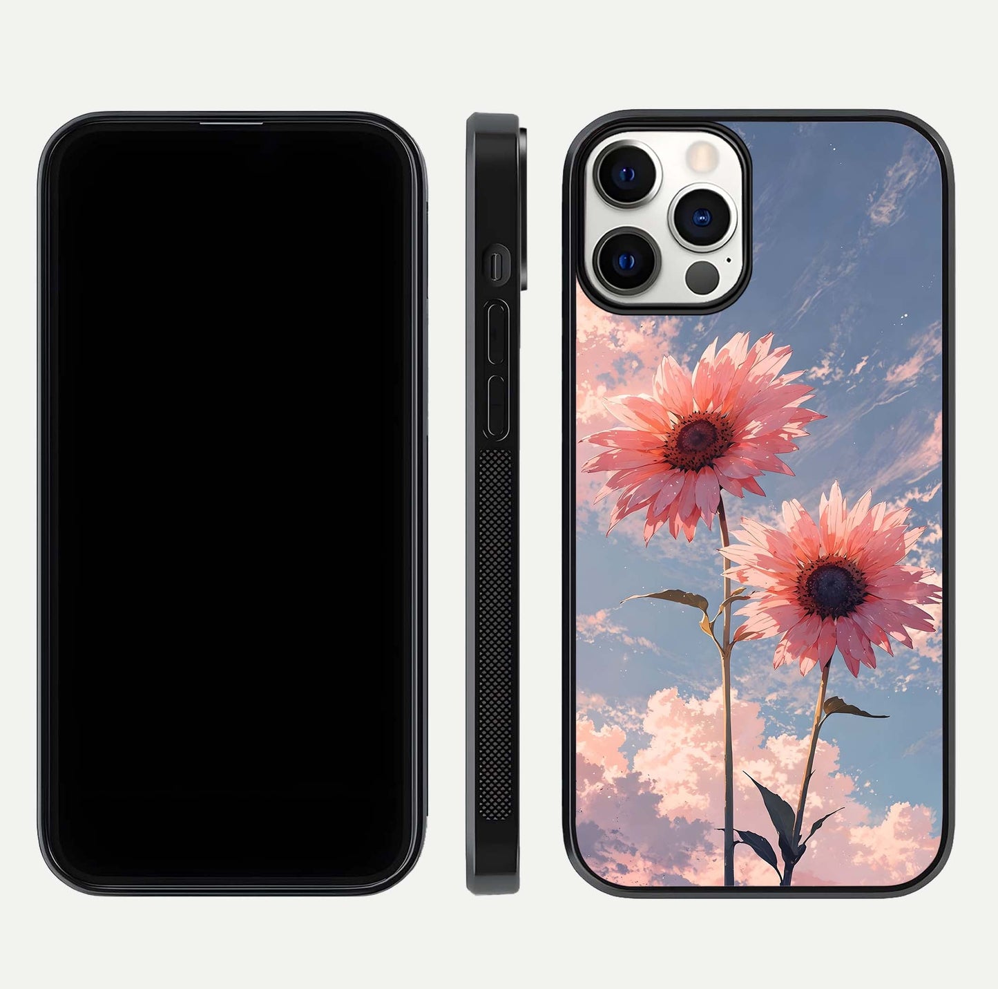 Sunlit Daisy Glow Glass Case for iPhone 12 Pro front & back layout showing vibrant sunlight hues and clean edge