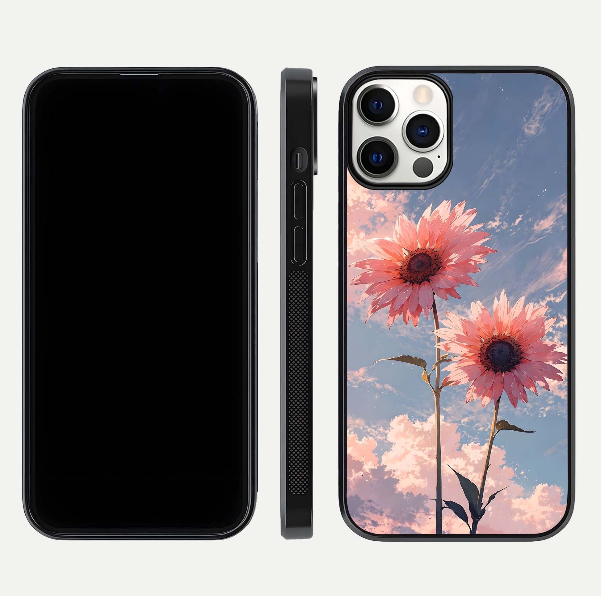 Sunlit Daisy Glow Glass Case for iPhone 12 Pro front & back layout showing vibrant sunlight hues and clean edge