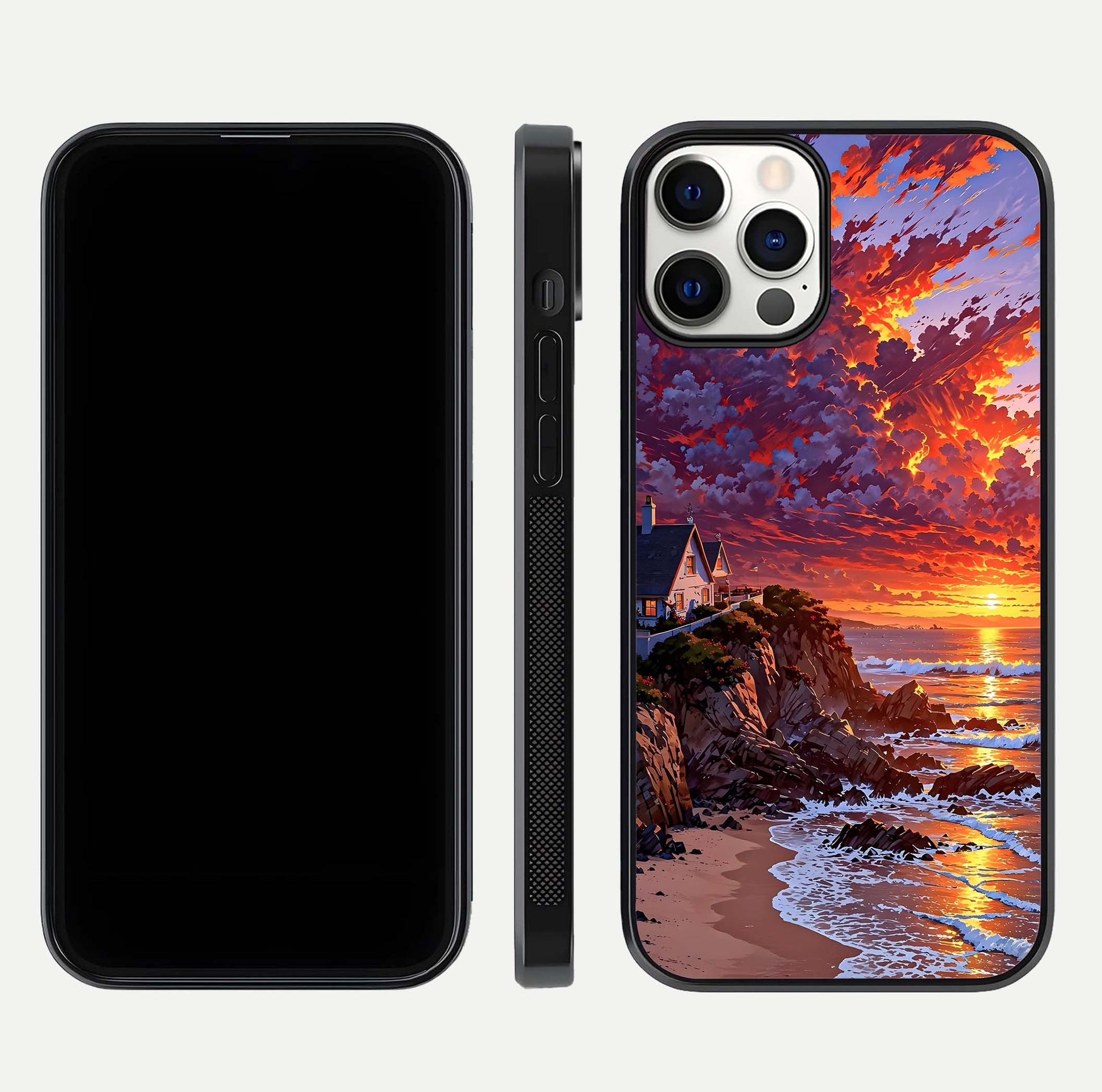 Sunset House by Sea Glass Case for iPhone 12 Pro front & back layout showing scenic gradient and curved edge