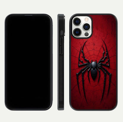 Venom Web Emblem Glass Case for iPhone 12 Pro front & back layout showing contrast art and curved glass edges