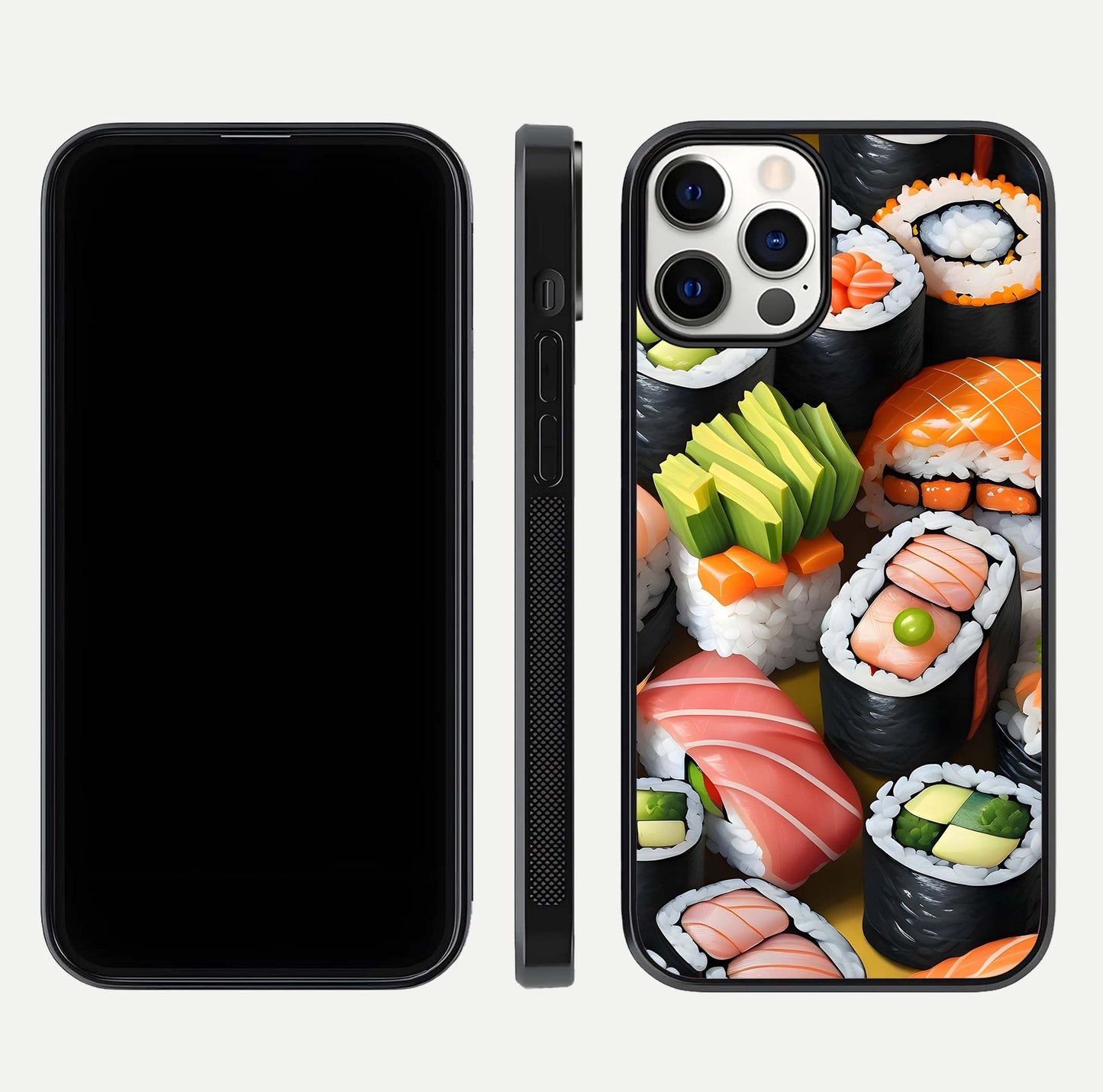 Sushi Food Pattern Glass Case for iPhone 12 Pro front & back layout showing playful food theme and clear edges
