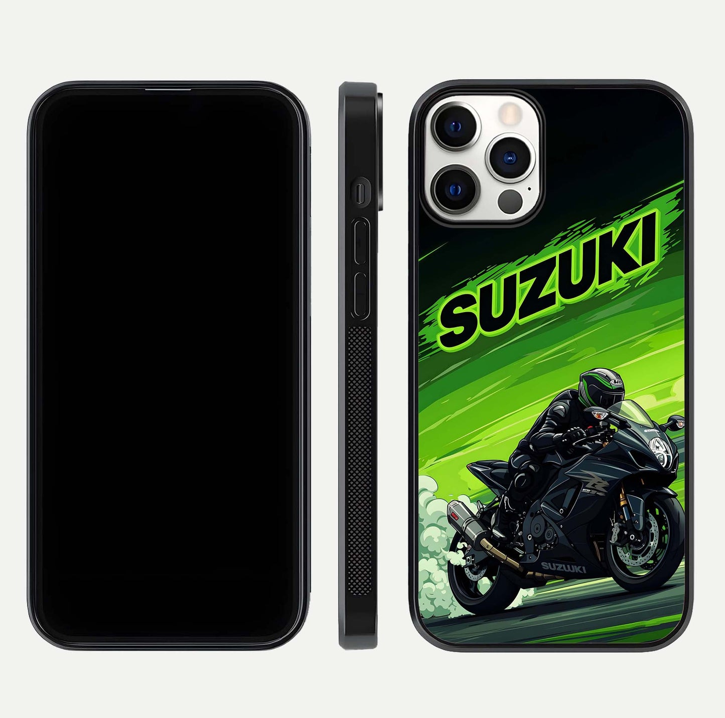 Suzuki Speed Beast Glass Case for iPhone 12 Pro front & back layout showing motion blur and sleek edges