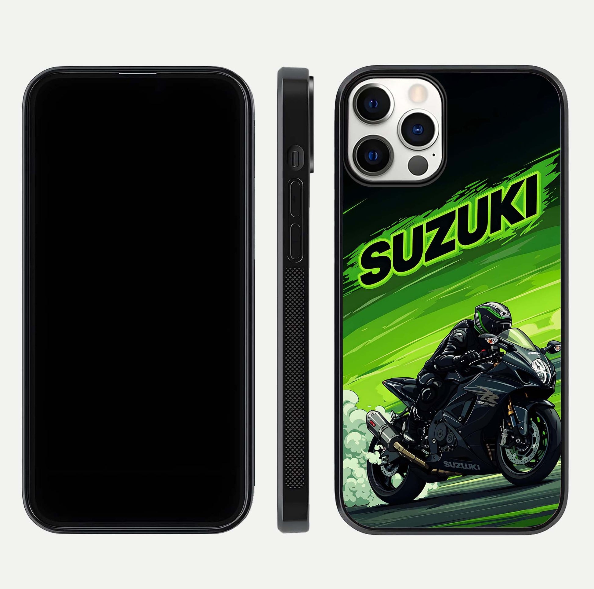 Suzuki Speed Beast Glass Case for iPhone 12 Pro front & back layout showing motion blur and sleek edges