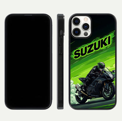 Suzuki Speed Beast Glass Case for iPhone 12 Pro front & back layout showing motion blur and sleek edges