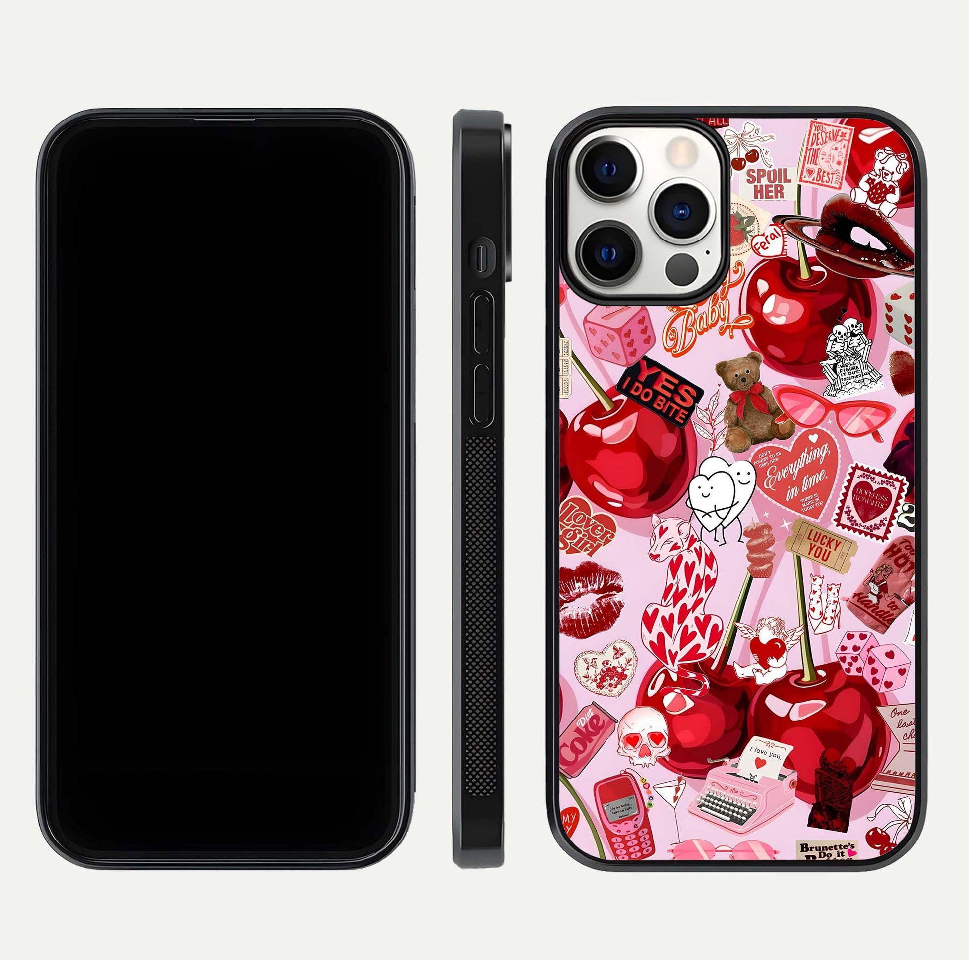 Sweet Cherry Chaos Glass Case for iPhone 12 Pro front & back layout showing vibrant cherries and smooth edges