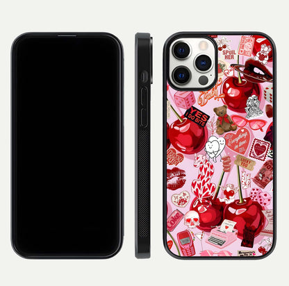 Sweet Cherry Chaos Glass Case for iPhone 12 Pro front & back layout showing vibrant cherries and smooth edges