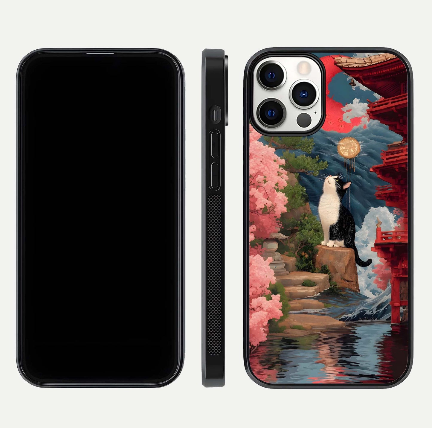 Temple Cat Scenery Glass Case for iPhone 12 Pro front & back layout showing scenic print and edge design