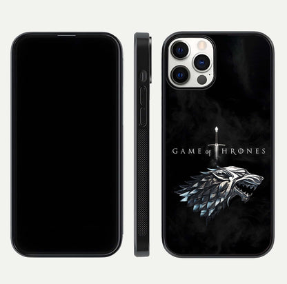 Throne Wolf Legacy Glass Case for iPhone 12 Pro front & back layout showing bold pattern and sharp edge