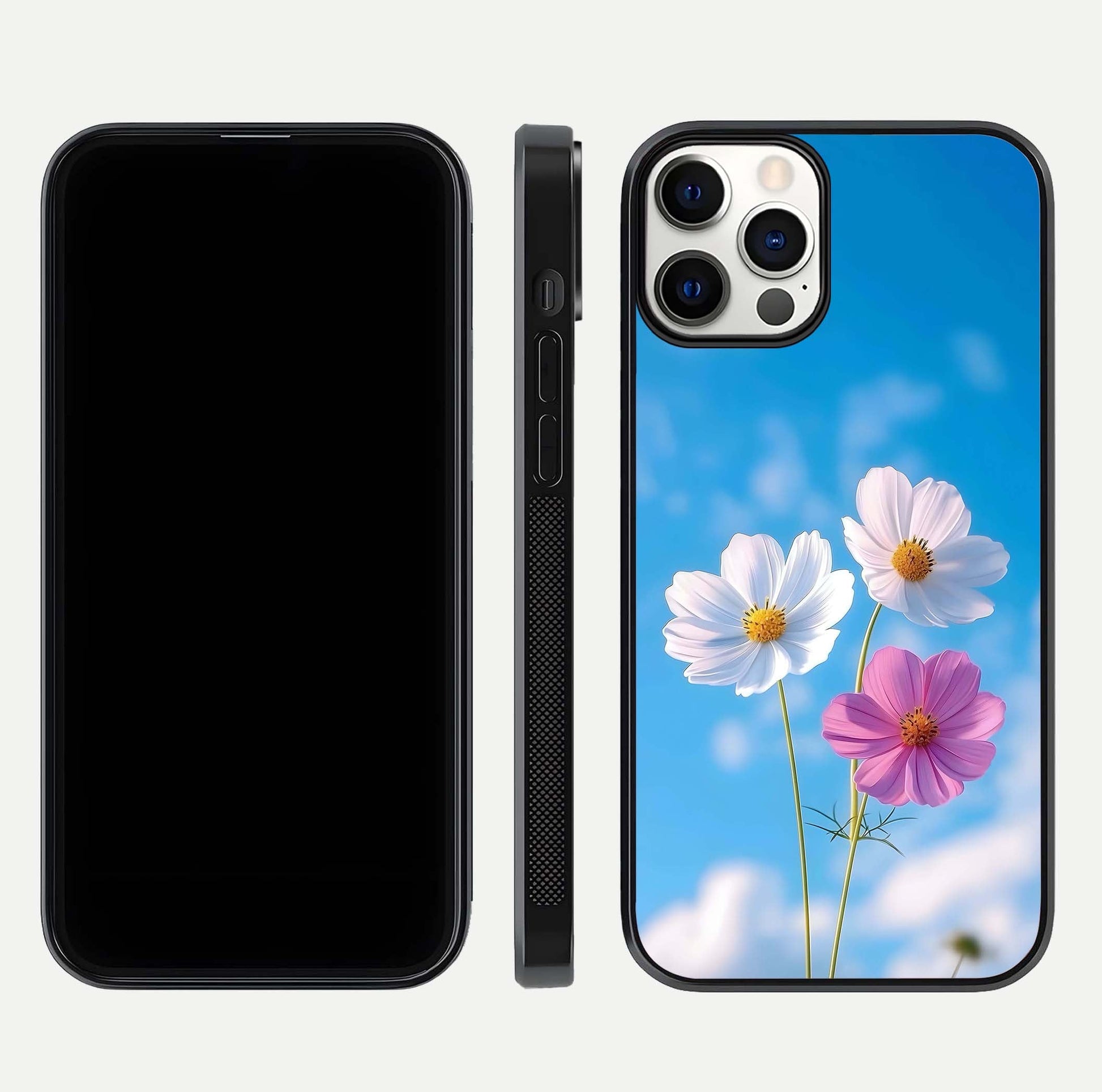 Triple Flowers With Sky Glass Case for iPhone 12 Pro front & back layout showing vivid tones and glossy surface