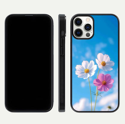 Triple Flowers With Sky Glass Case for iPhone 12 Pro front & back layout showing vivid tones and glossy surface