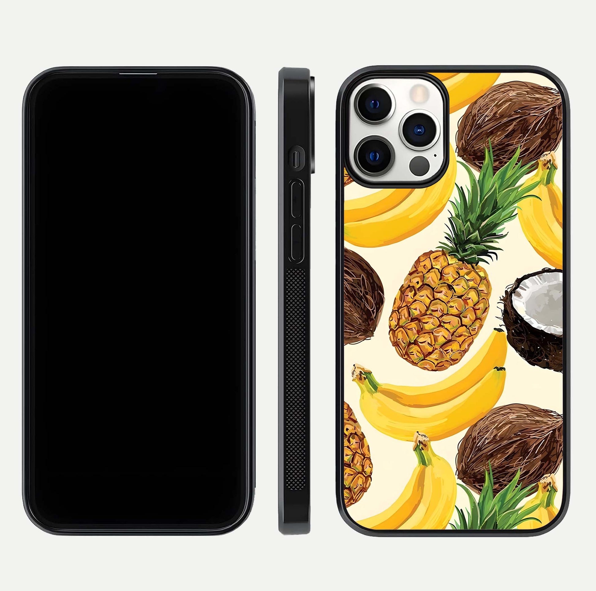 Tropical Fruit Mood Glass Case for iPhone 12 Pro front & back layout showing playful tones and clean edge