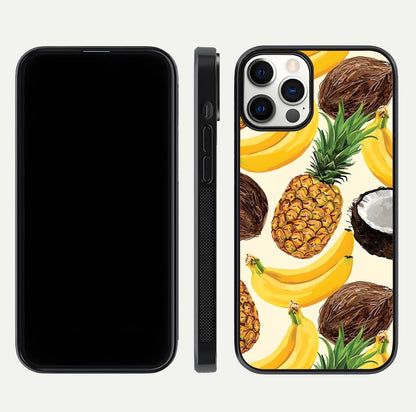 Tropical Fruit Mood Glass Case for iPhone 12 Pro front & back layout showing playful tones and clean edge