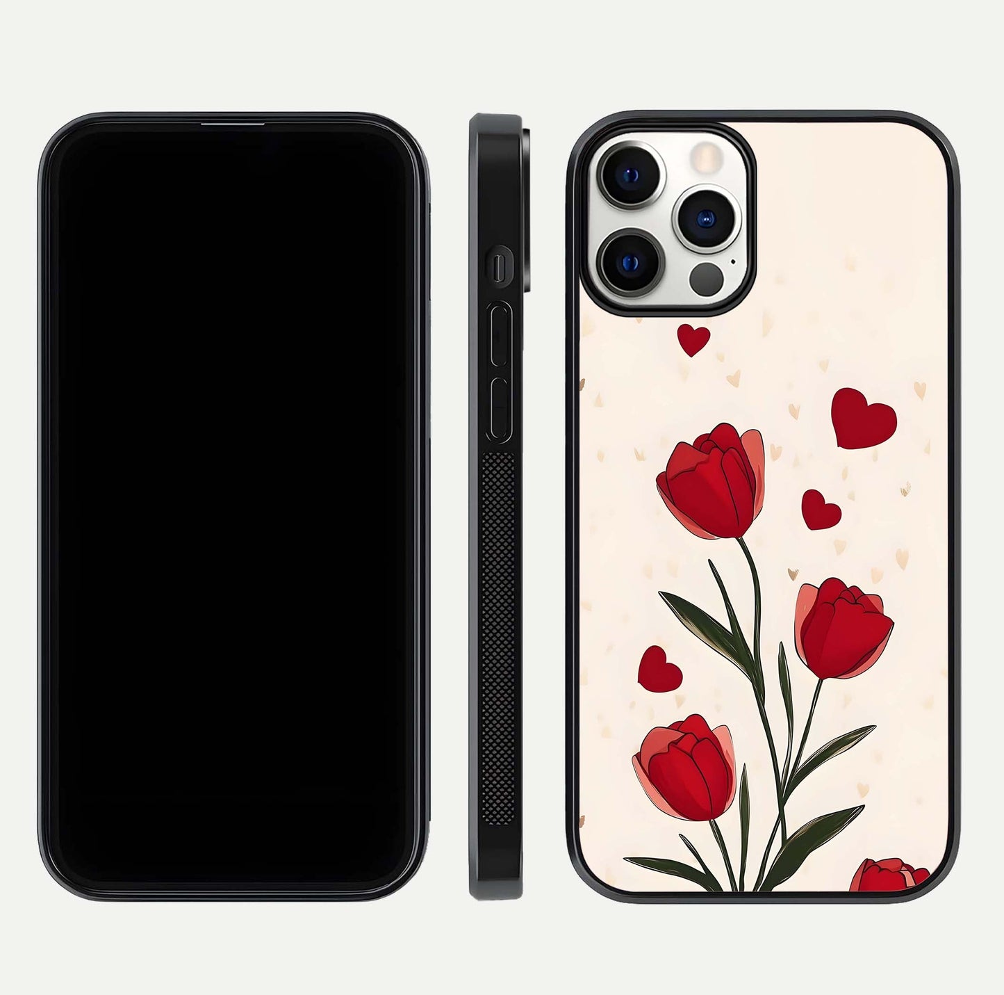 Tulip With Heart Glass Case for iPhone 12 Pro front & back layout showing heart motif and elegant gloss finish