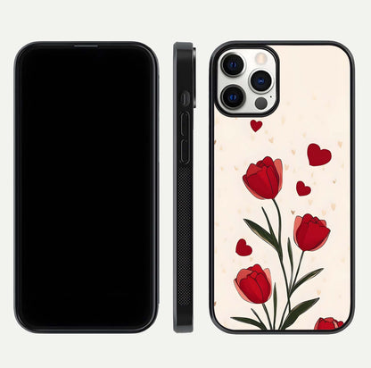 Tulip With Heart Glass Case for iPhone 12 Pro front & back layout showing heart motif and elegant gloss finish