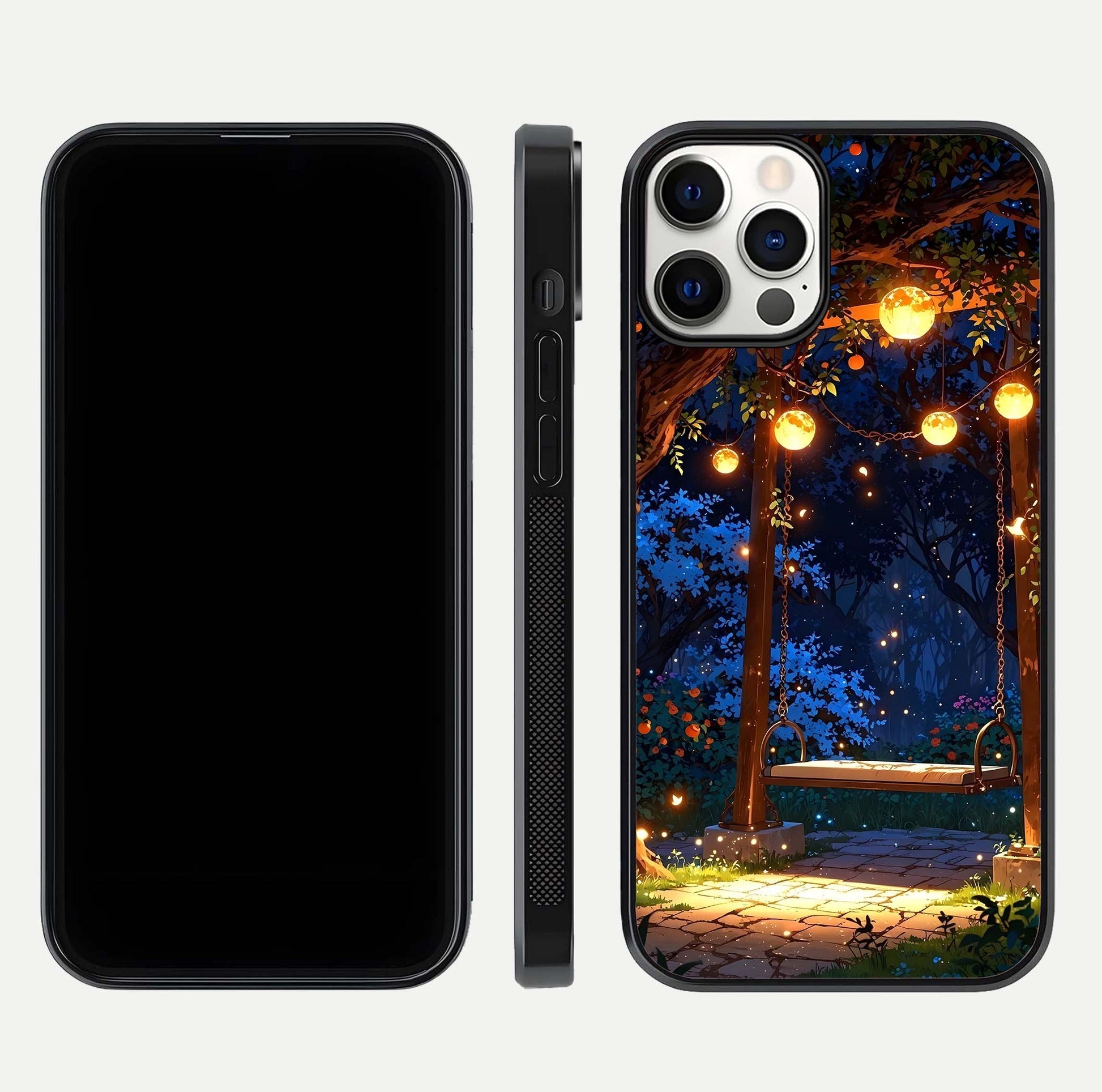 Twilight Garden Swing Glass Case for iPhone 12 Pro front & back layout showing garden art and clean edge