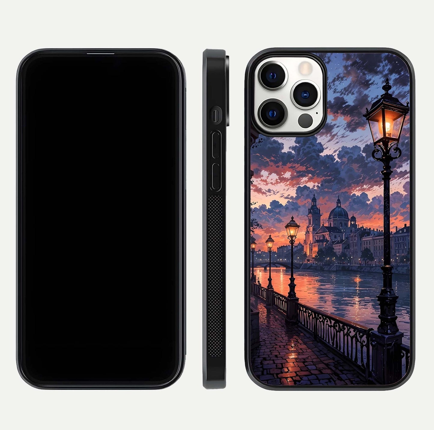 Twilight River Lights Glass Case for iPhone 12 Pro front & back layout showing scenic artwork and smooth curved edges
