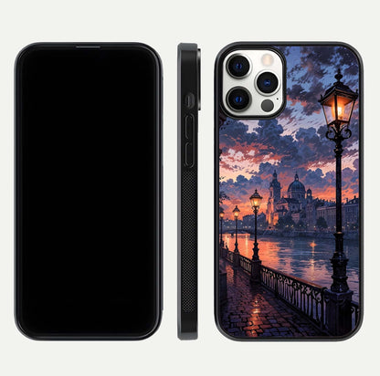 Twilight River Lights Glass Case for iPhone 12 Pro front & back layout showing scenic artwork and smooth curved edges