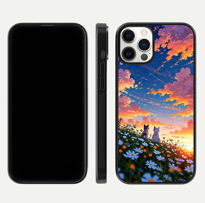 Two Cats Friends Glass Case for iPhone 12 Pro front & back layout showing friendly cat theme and edge design