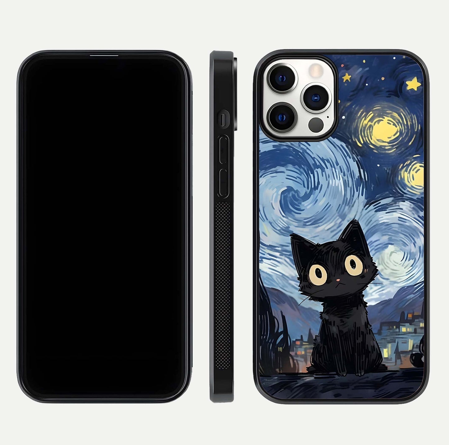 Van Gogh Cat Glass Case for iPhone 12 Pro front & back layout showing detailed art print and curved glass edges